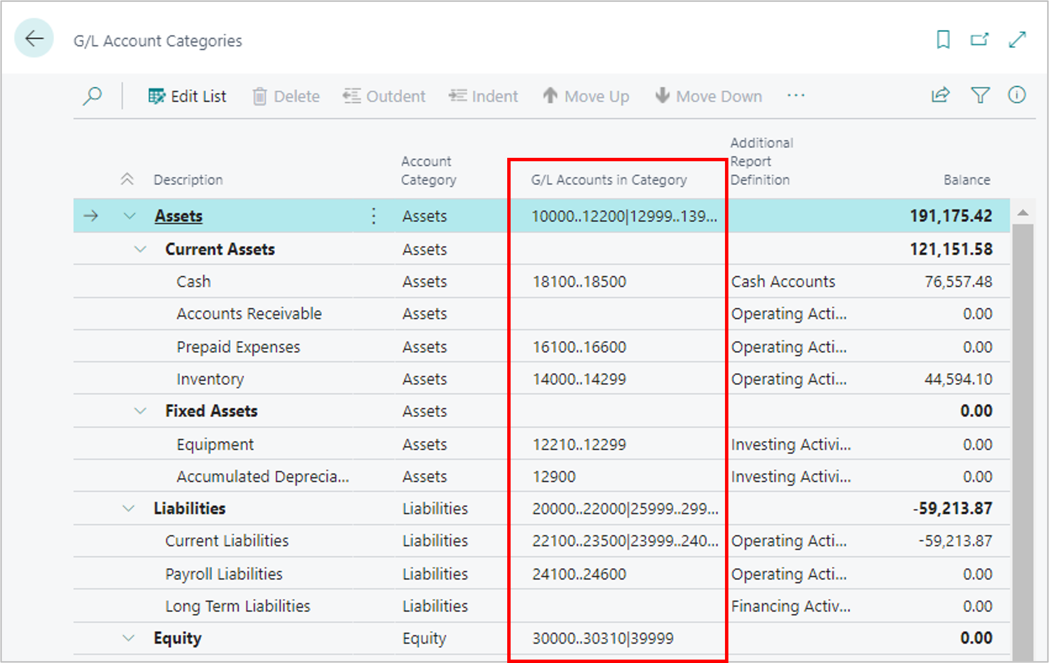 Shows accounts mapped to G/L account categories.