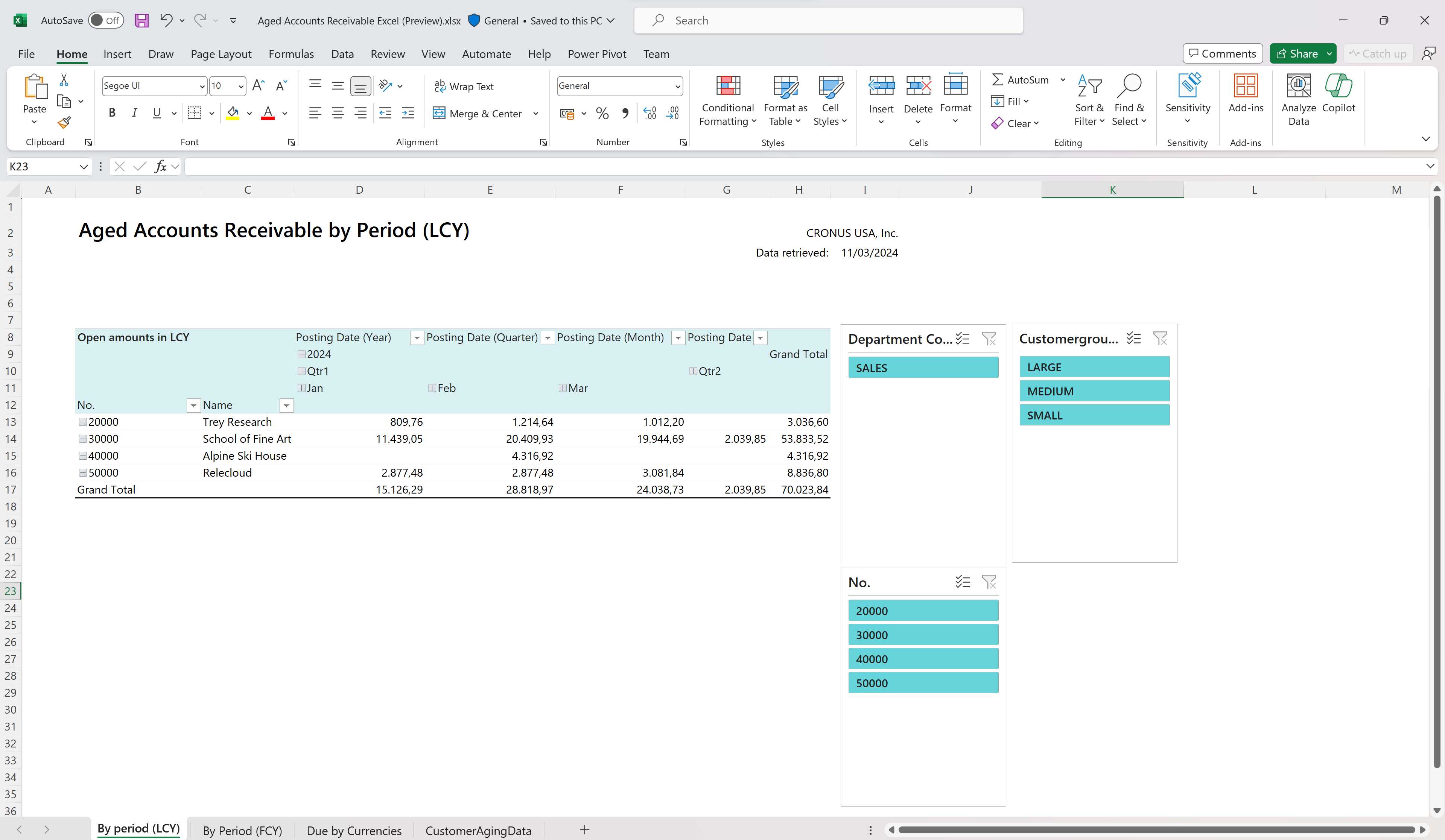 Example of the interactive aged accounts receivables report in Excel