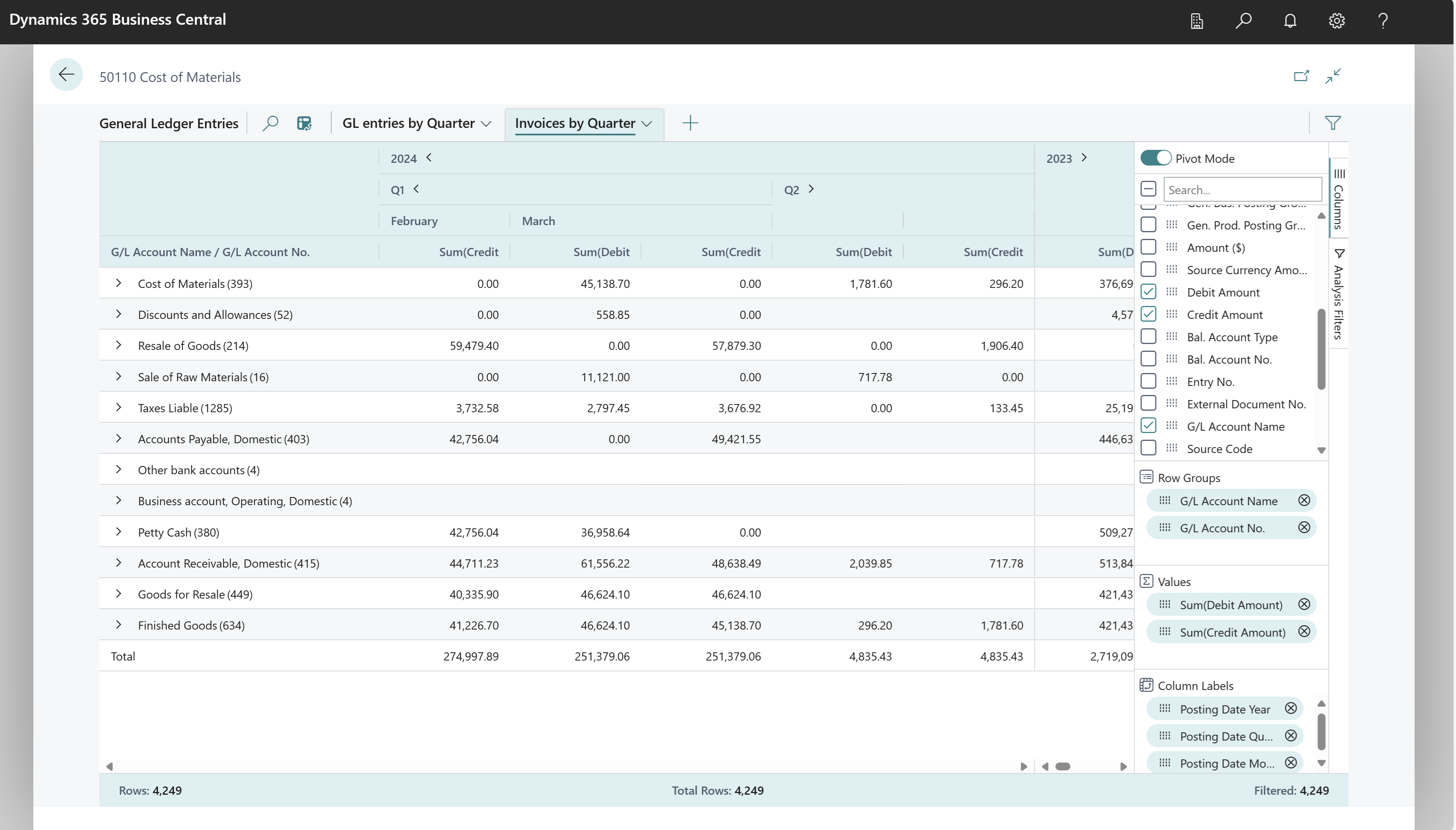 Example of how to do data analysis on the G/L Ledger Entries page (to understand sales postings)