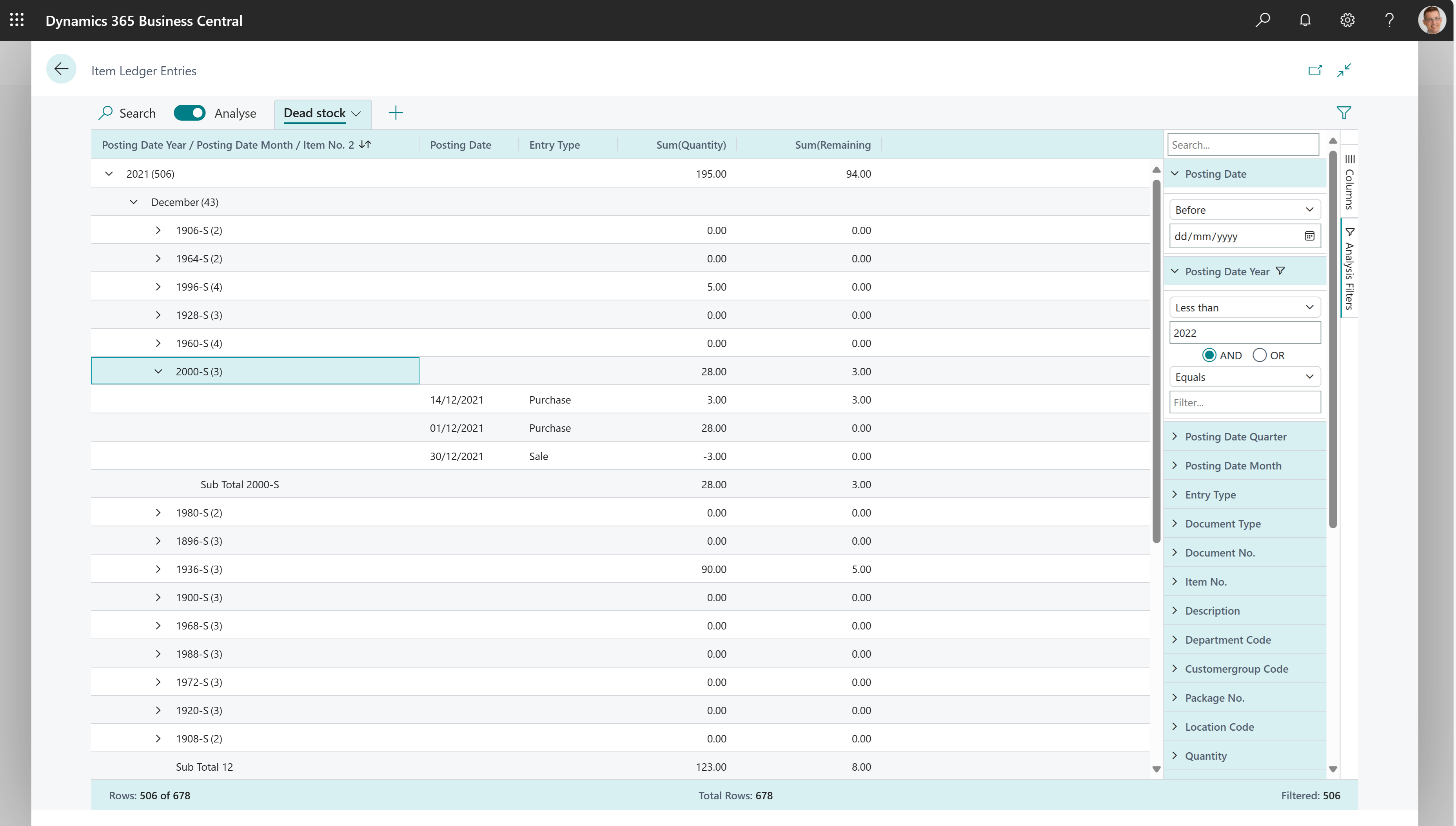 Example of how to do a old stock data analysis on the Item Ledger Entries page