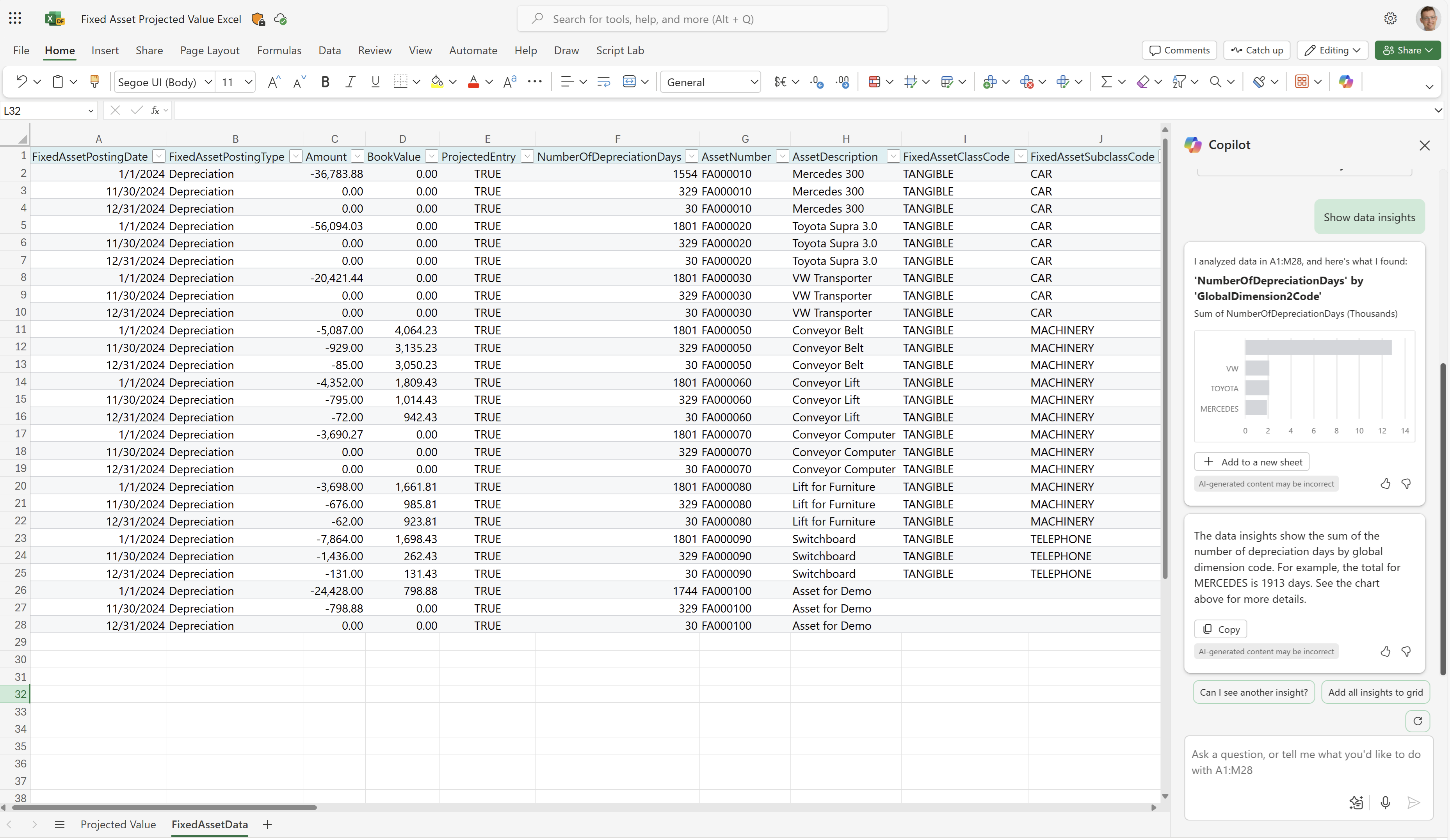 Screenshot of the FixedAssetData worksheet