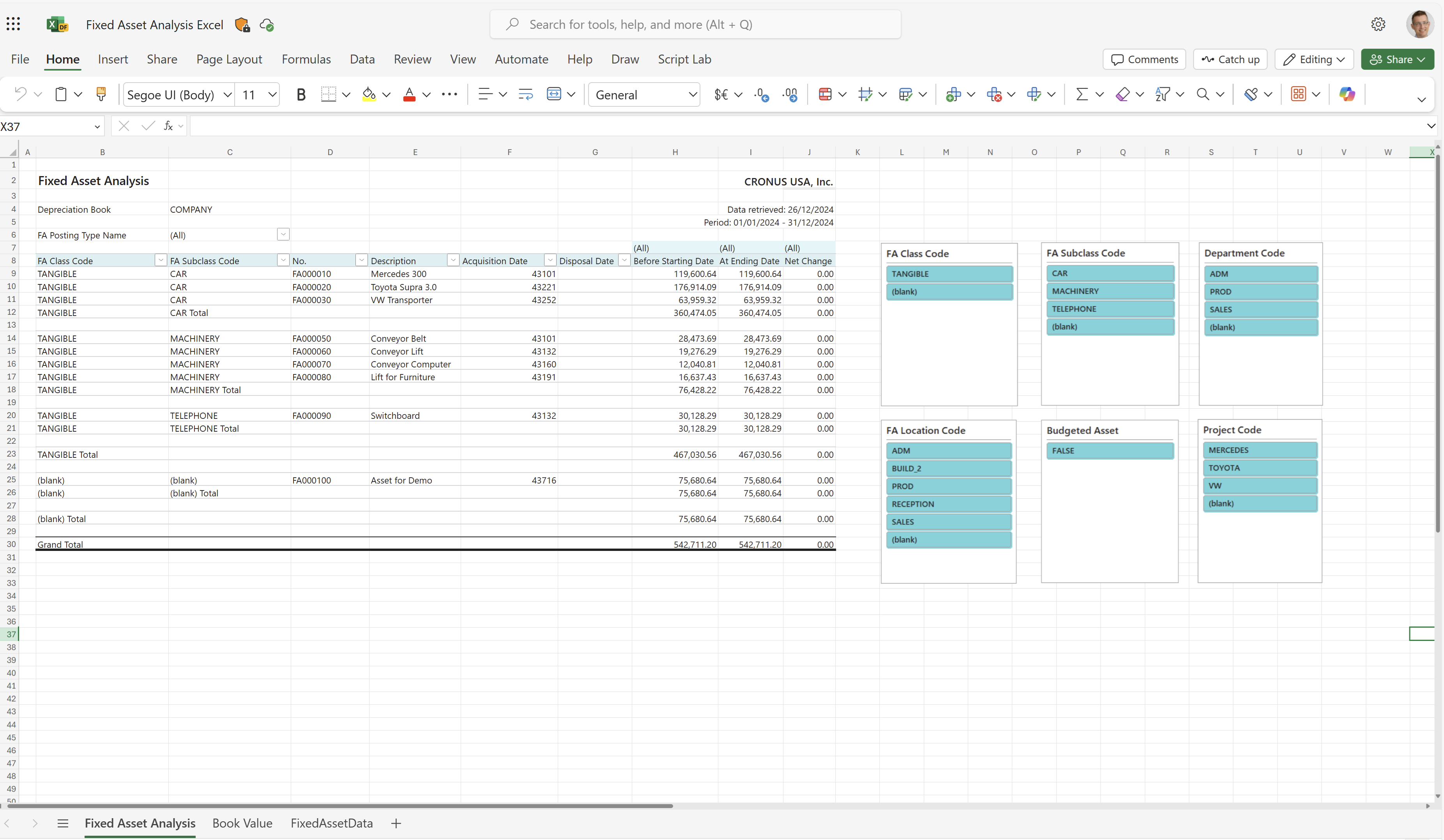 Screenshot of the Fixed Asset Analysis worksheet