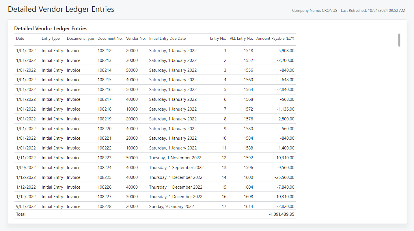 Screenshot of the Detailed Vendor Ledger Entries report