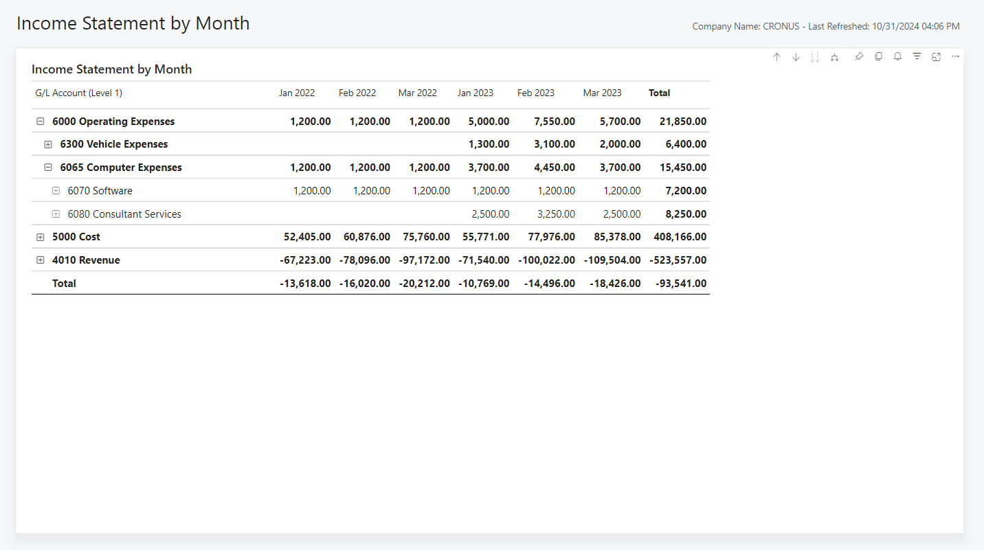 Screenshot of the Income Statement by Month report