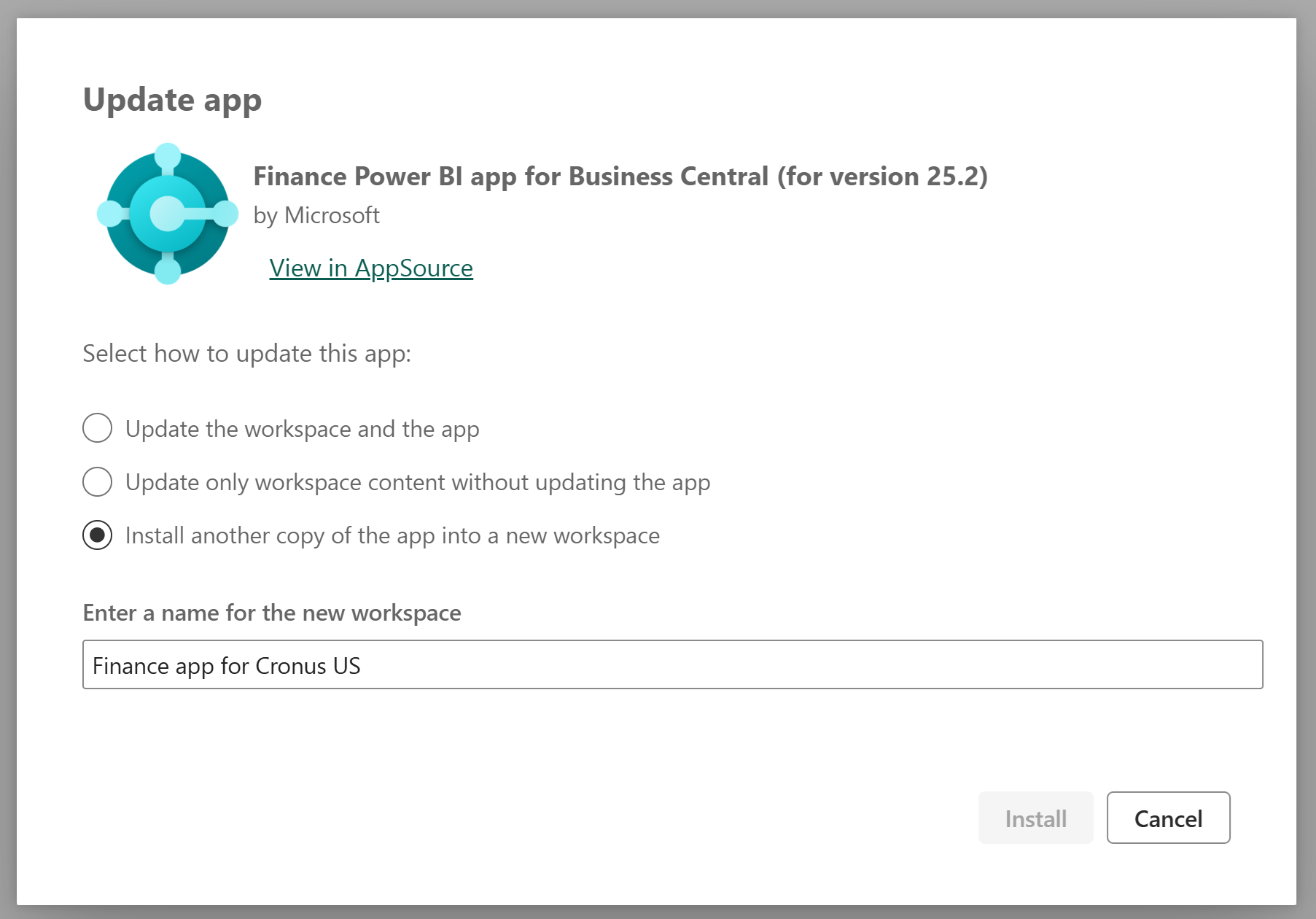 Screenshot of the Power BI app installer.