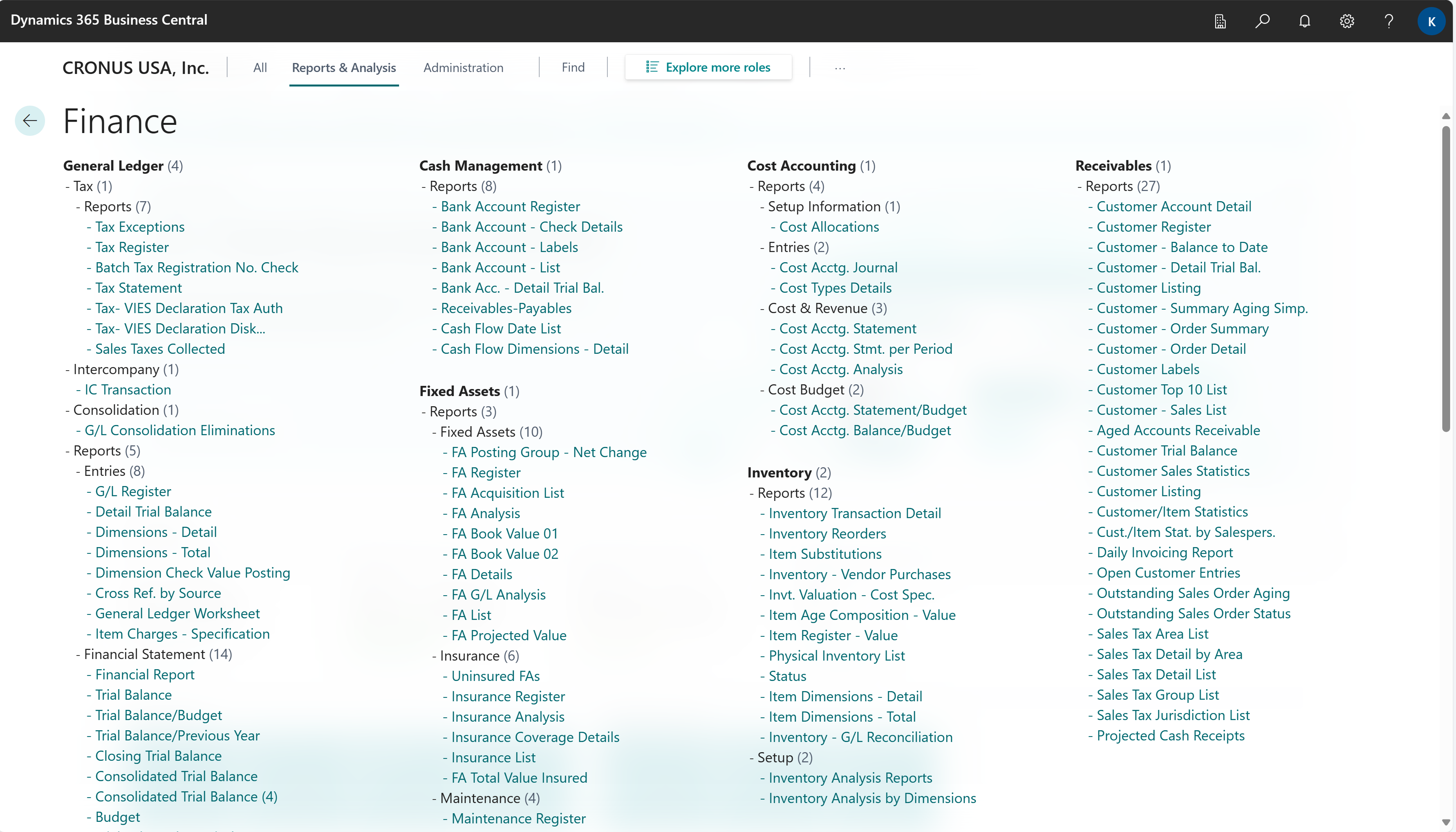 Example of reports on the finance role center.