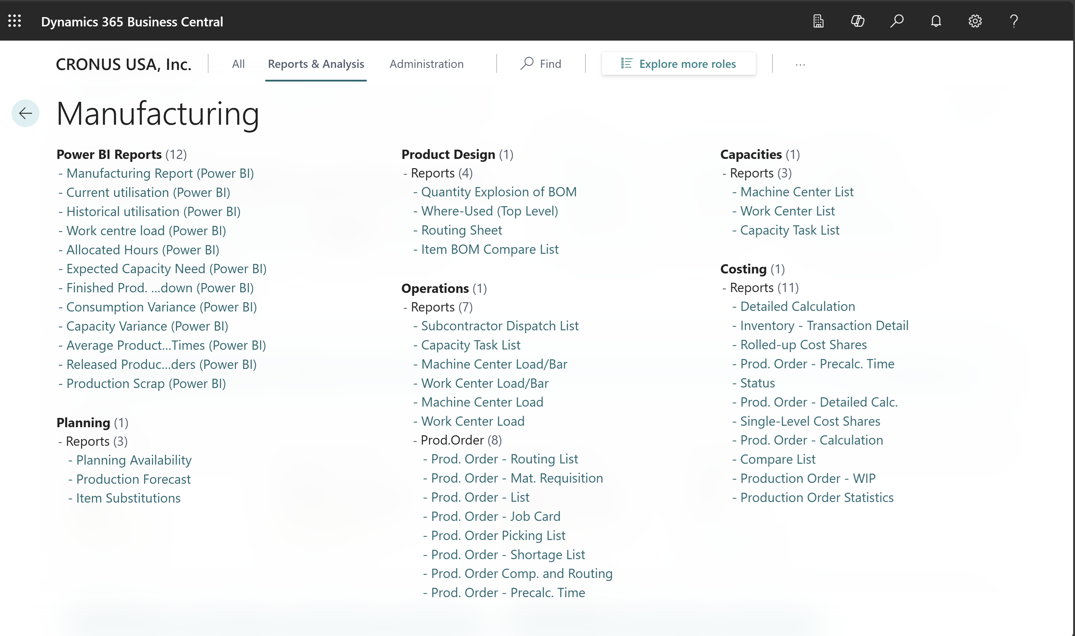 Example of reports on the manufacturing role center.