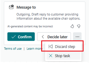 Shows the discard step action on a sales order agent task.