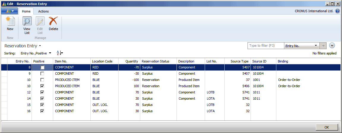 Second example of order tracking entries in Reservation Entry table.