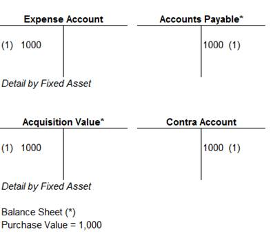 Expense account, accounts payable, acquisition value, and contra account T accounts