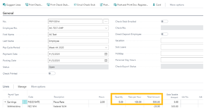 Piece rate entry table