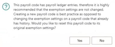 Payroll code exemption settings warning