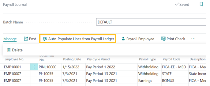 Automatically populate lines from payroll ledger