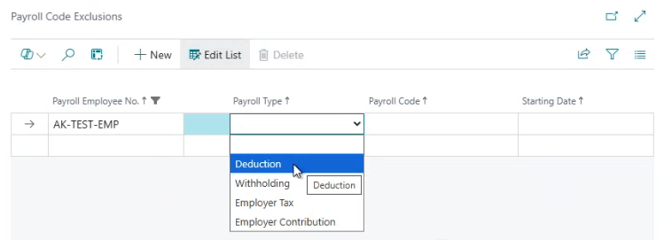 Payroll Code Exclusions page