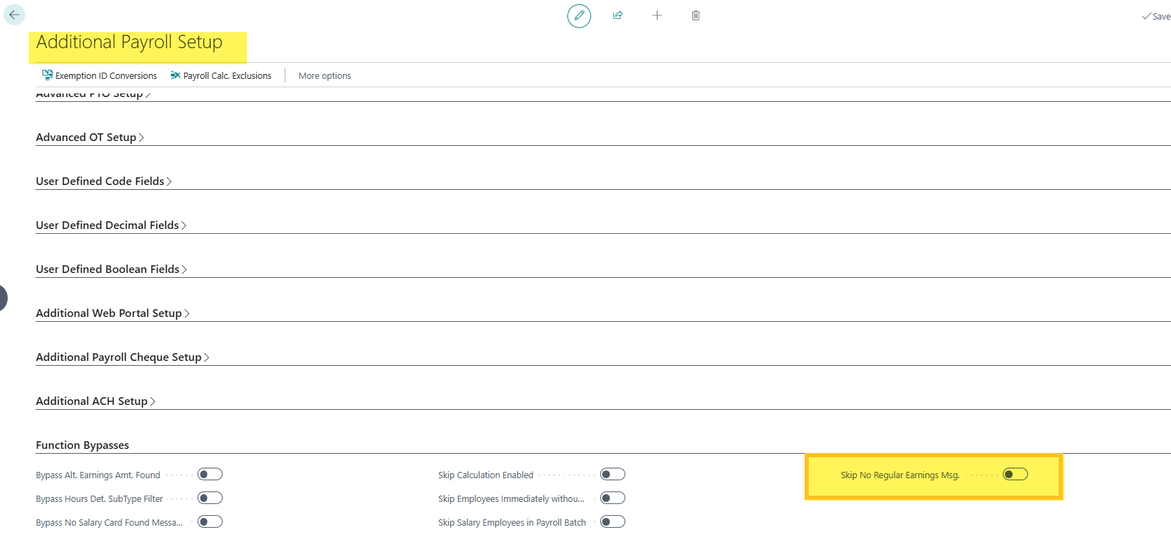 Additional Payroll Setup page Skip No Regular Earnings Msg.