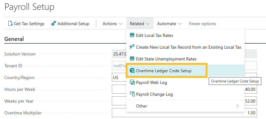 Payroll Setup page Overtime Ledger Code Setup actions