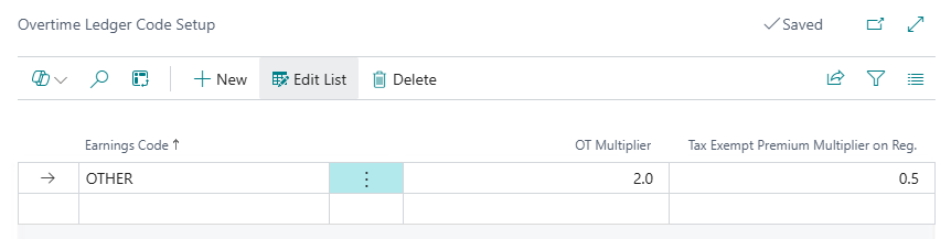 Overtime Ledger Code Setup page