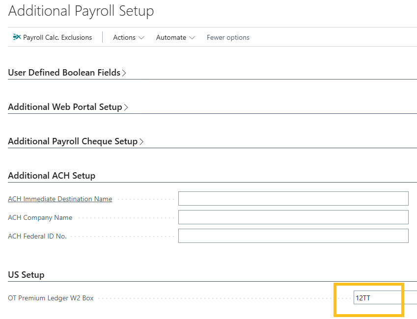 Additional Payroll Setup page OT Premium Ledger W2 Box field