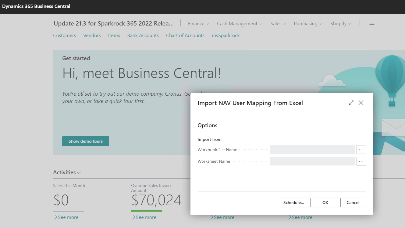 Import NAV User Mapping From Excel page