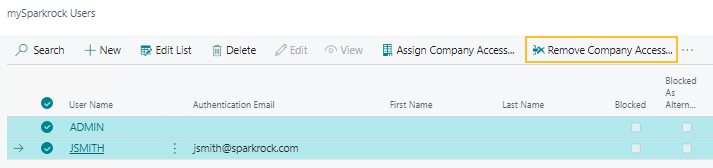 mySparkrock Users page Remove Company Access action