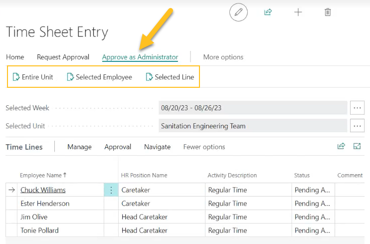 Time Sheet Entry page Approve as Administrator action group