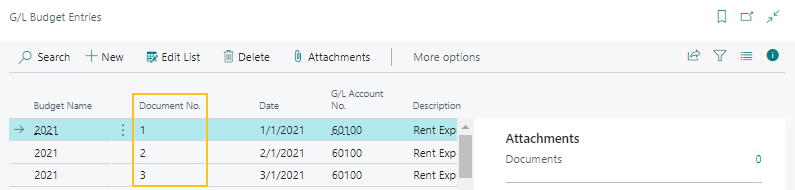 G/L Budget Entries page Document No. field