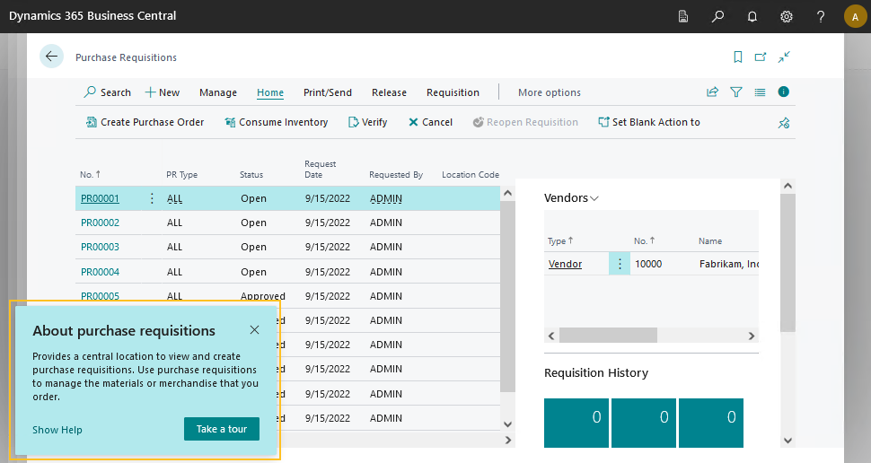 Purchase Requisitions page Teaching Tour