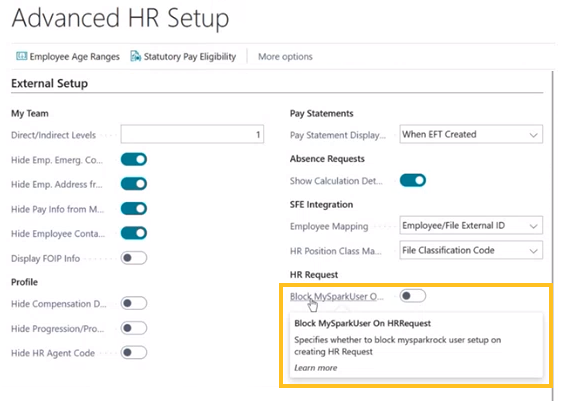 Advanced HR Setup page Block MySparkUser On HRRequest field