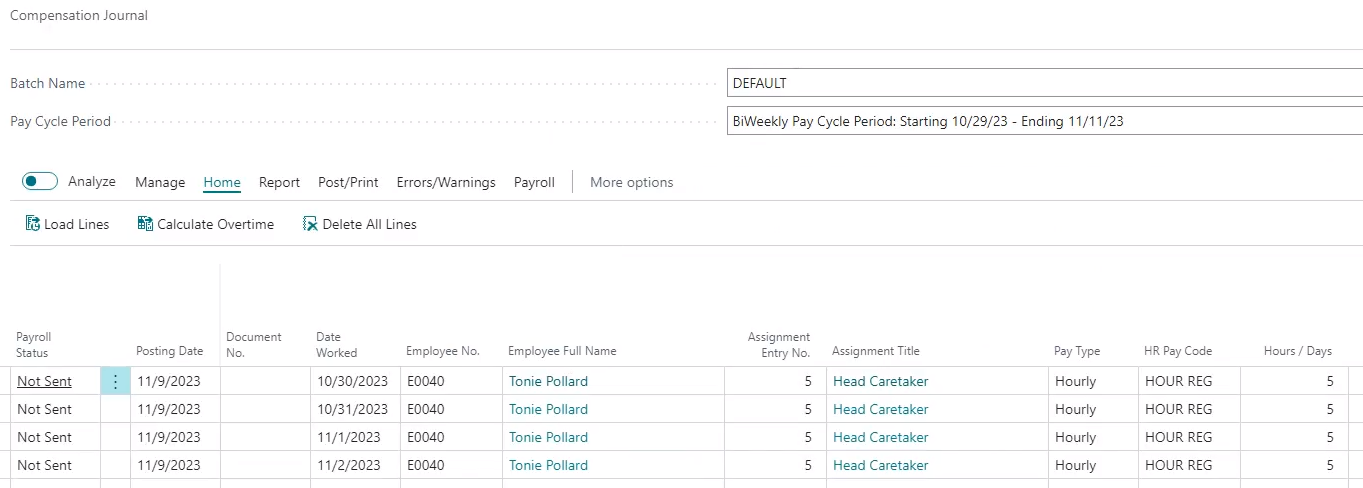 Compensation Journal page Hours Entry End Date field example