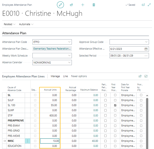 Employee Attendance Plan page Accrual Units field