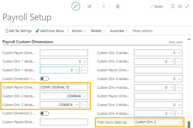 Payroll Setup page Custom Dim. 2 fields