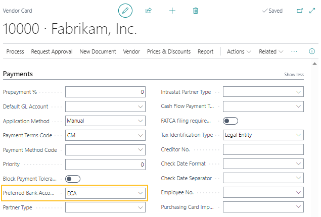 Vendor Card page Preferred Bank Account Code field