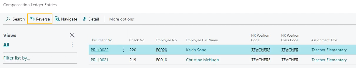 Compensation Ledger Entries page Reverse action