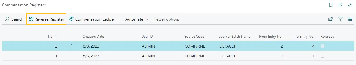 Compensation Registers page Reverse Register action