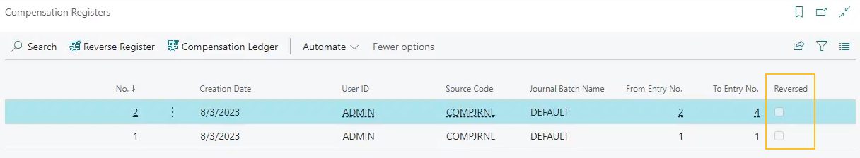 Compensation Registers page Reversed field