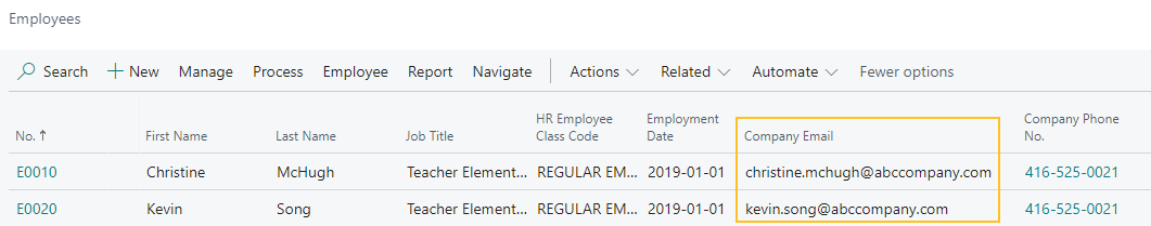 Employees page Company Email field