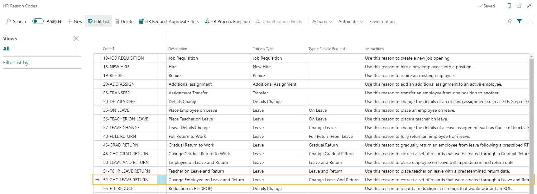 HR Reason Codes page 52-CHG LEAVE RETURN