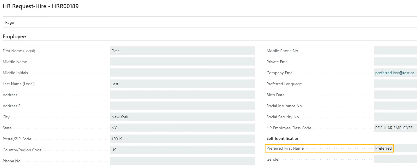 HR Request-Hire page Preferred First Name field