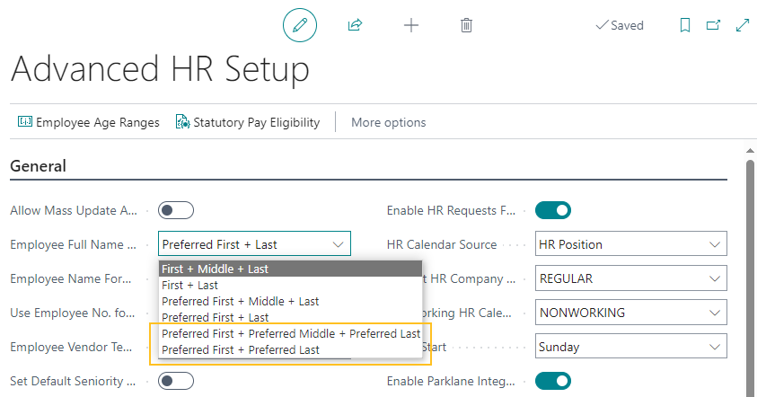 Advanced HR Setup page Employee Full Name Format field