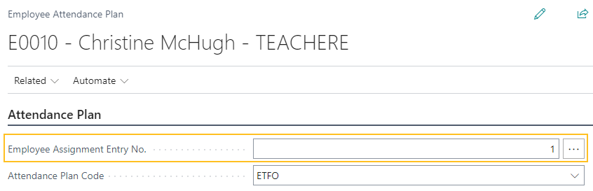 Employee Attendance Plan page Employee Assignment Entry No. field