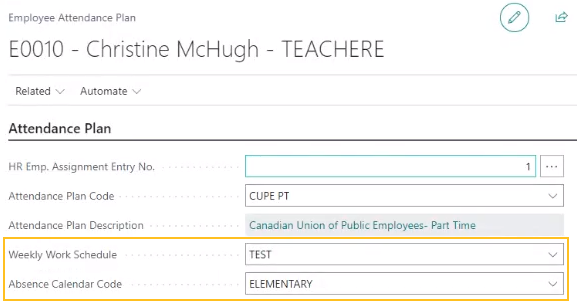 Employee Attendance Plan page Weekly Work Schedule and Absence Calendar Code fields