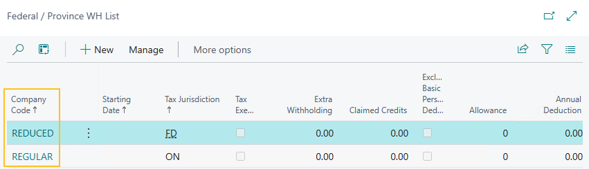 Federal / Province WH List page Company Code field