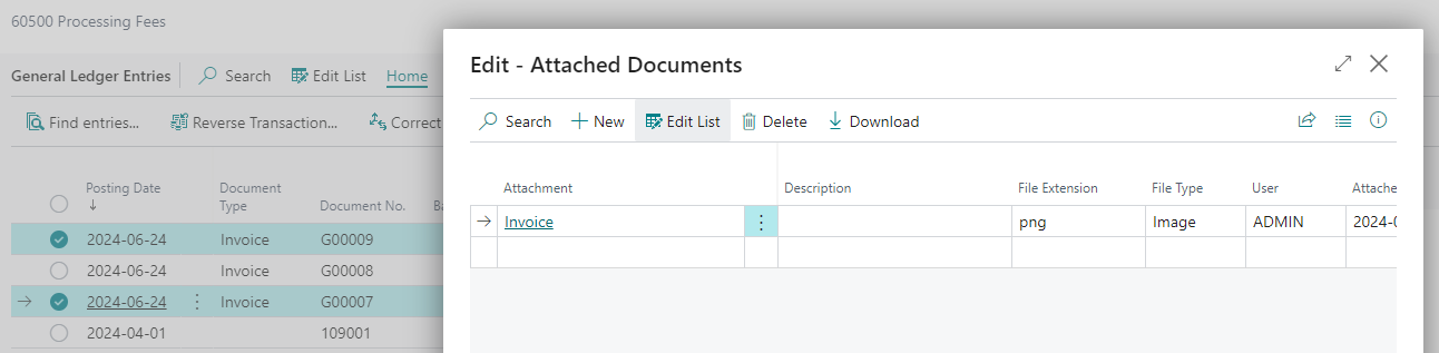 General Ledger Entries page attached documents