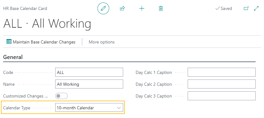 HR Base Calendar Card page Calendar Type field