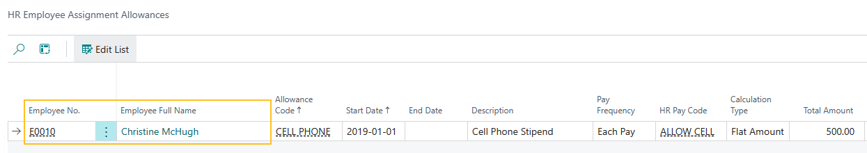 HR Employee Assignment Allowances page Employee No. and Employee Full Name fields