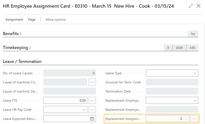 HR Employee Assignment Card page Replacing Assignment Entry No. field