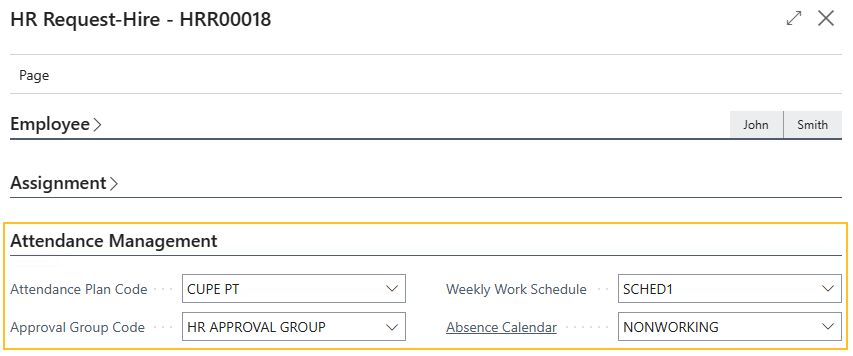 HR Request-Hire page Attendance Management FastTab
