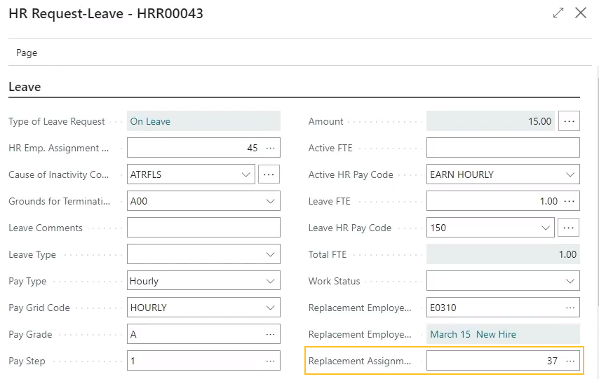 HR Request-Leave page Replacement Assignment Entry No. field