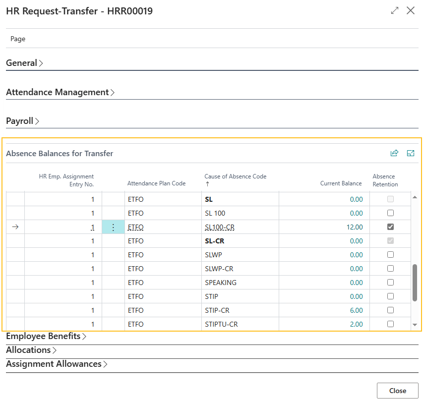 HR Request-Transfer page Absence Balances for Transfer FastTab