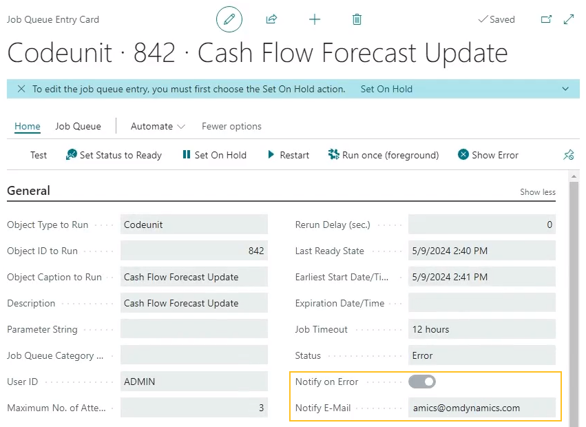 Job Queue Entry Card page Notify on Error and Notify E-Mail fields